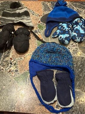 3 set of Blue Knit Earflap Hat with Navy Mittens and Matching Sets